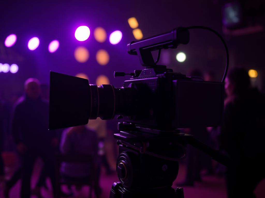 Cinema camera rig on a night film set lit in purple