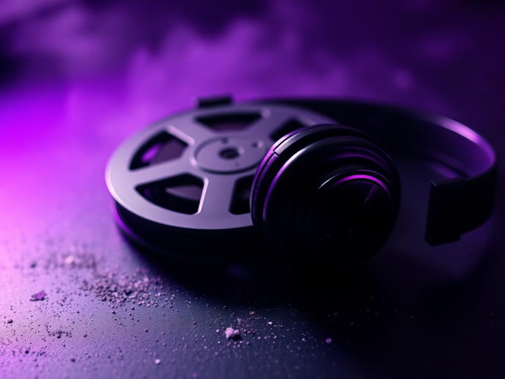 Film reel and headphones under violet light for a featured campaign