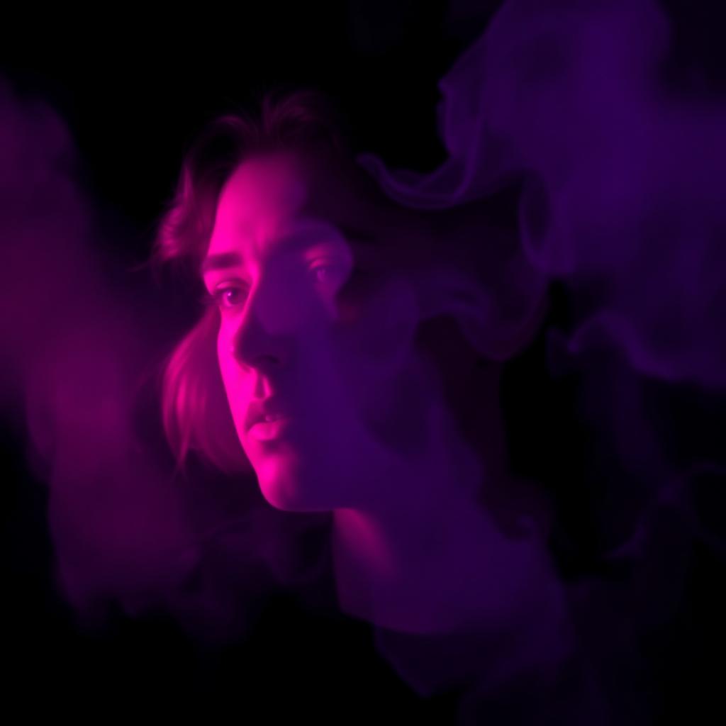 Dramatic purple smoke portrait used in an emotional movie edit